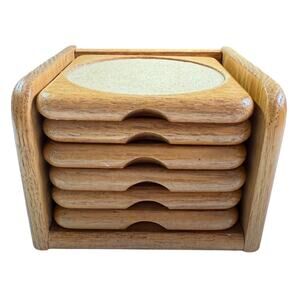 Set Of 6 Wooden Coasters With Cork Insert Matching Holder Vintage 80s Golden Oak